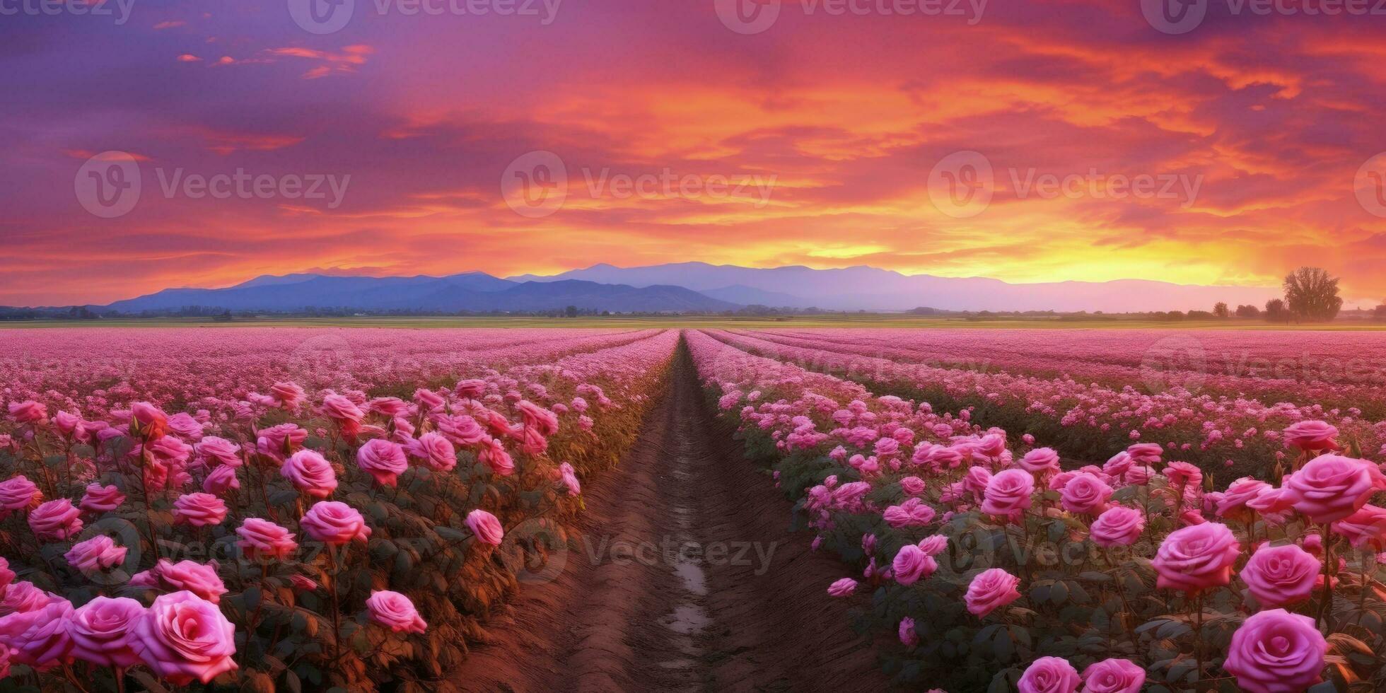 AI generated Rose field in the sunrise morning with beautiful sky photo