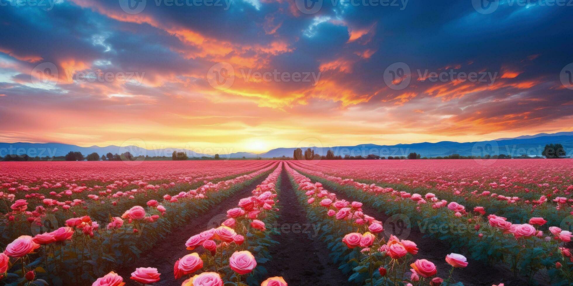 ai generado Rosa campo en el amanecer Mañana con hermosa cielo foto