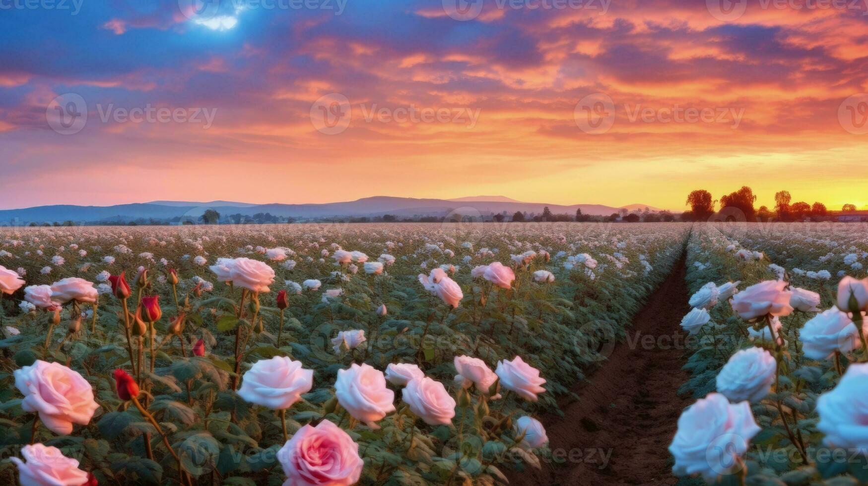 ai generado Rosa campo en el amanecer Mañana con hermosa cielo foto