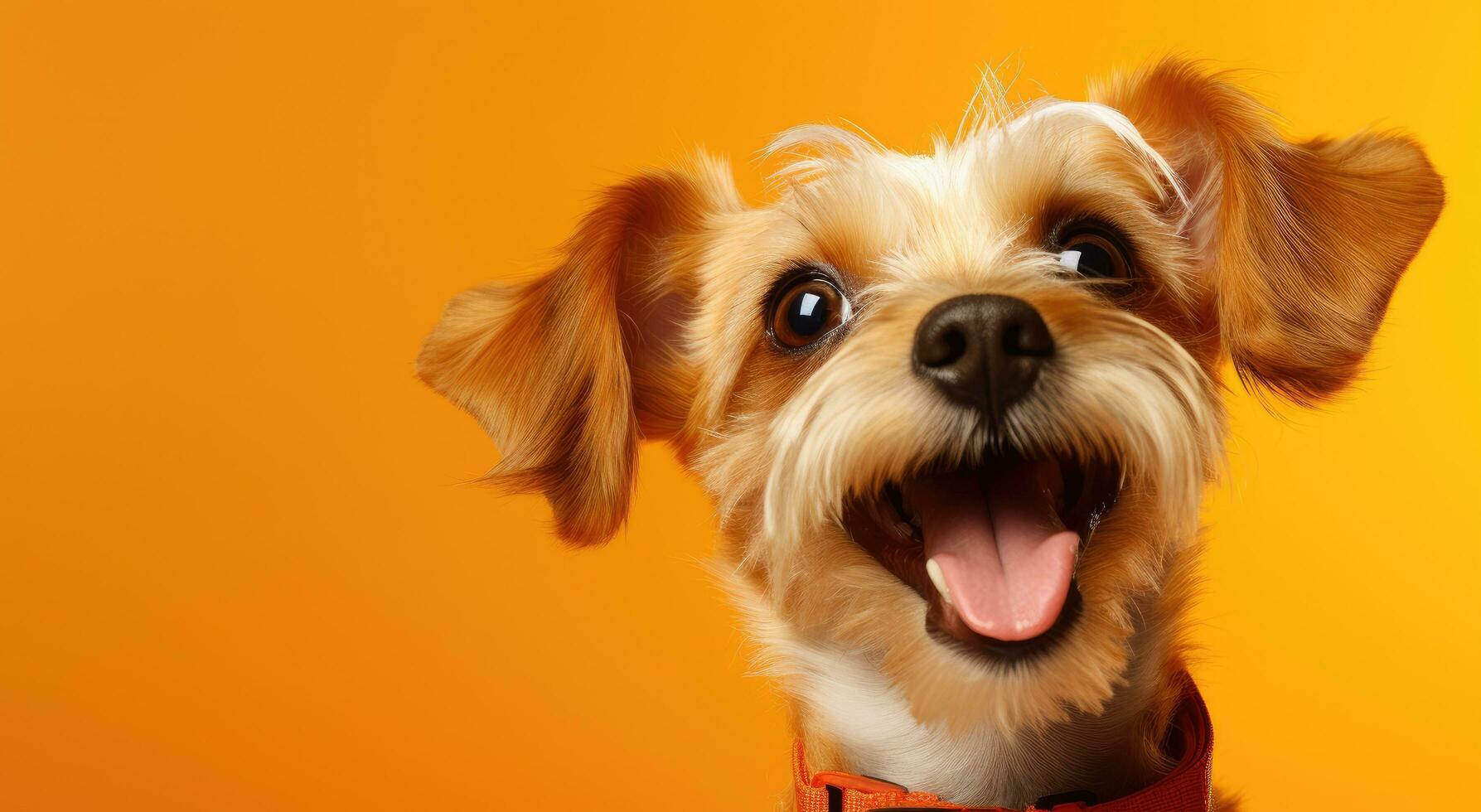 AI generated a dog is looking upward on an orange background photo