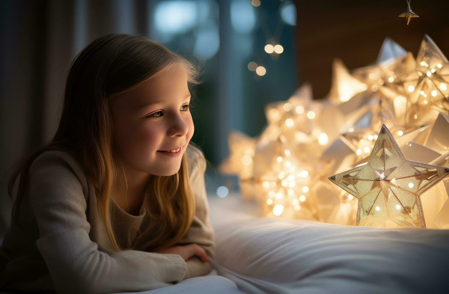 ai generado un niña acostado en un cama con un animado estrella foto