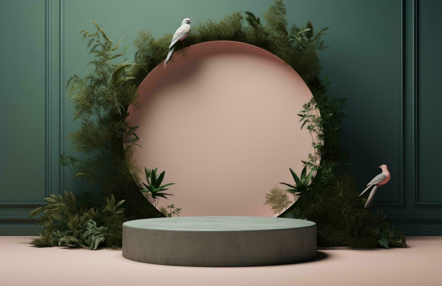 AI generated a gray round pedestal with green foliage near a green table, photo