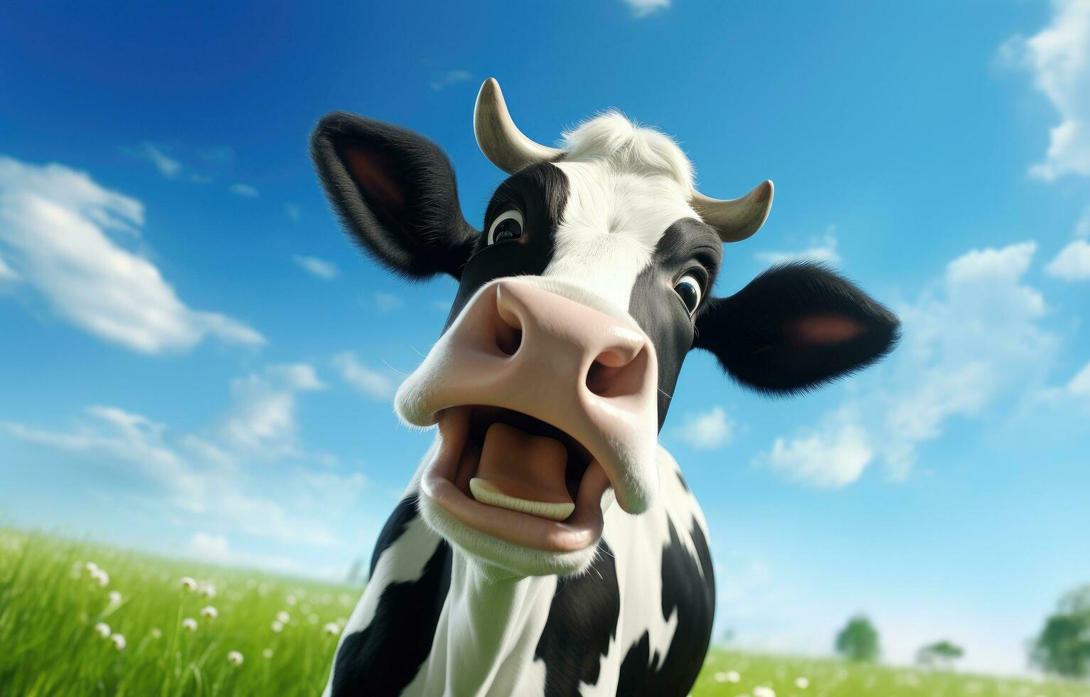 AI generated a close up picture of a cow in a green pasture photo