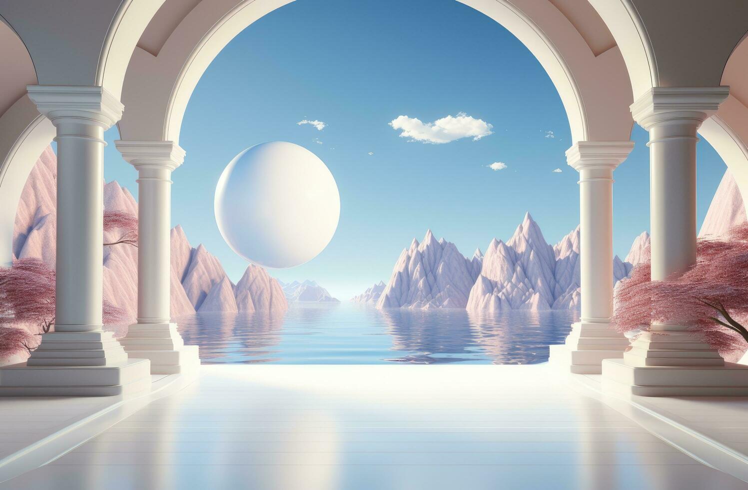 AI generated scene with white pillars and blue scenery along with rocky mountains photo