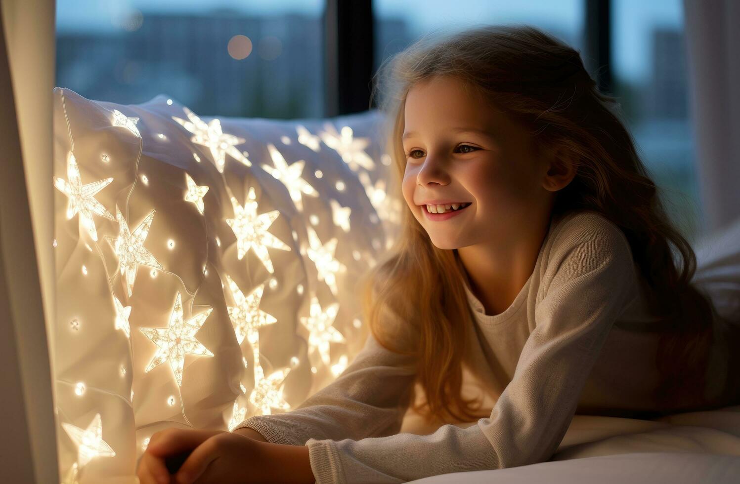 AI generated a girl lying on a bed with an animated star photo