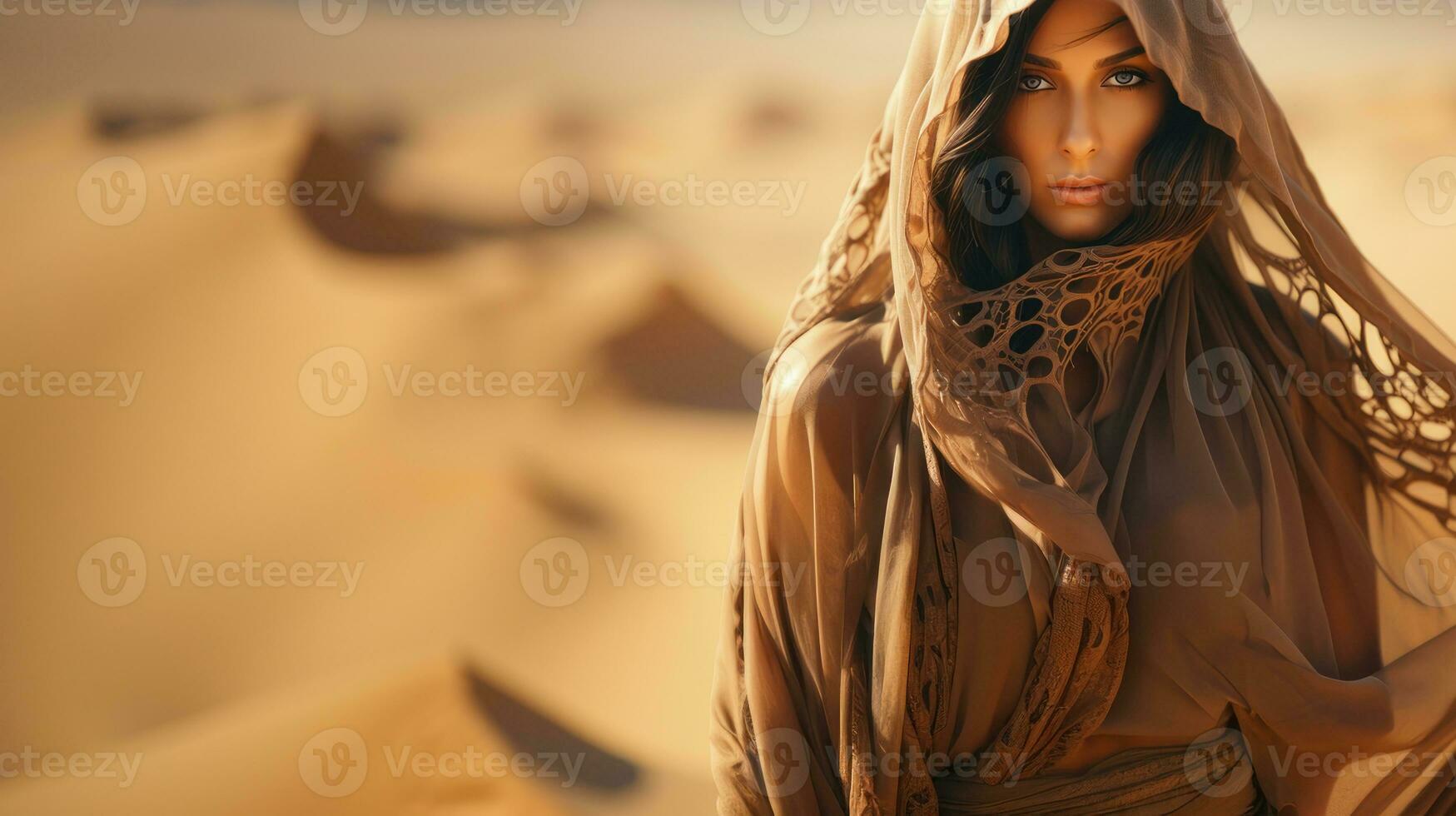 ai generado Moda al aire libre foto de hermosa sensual árabe mujer con oscuro pelo en elegante vestir posando en el desierto.