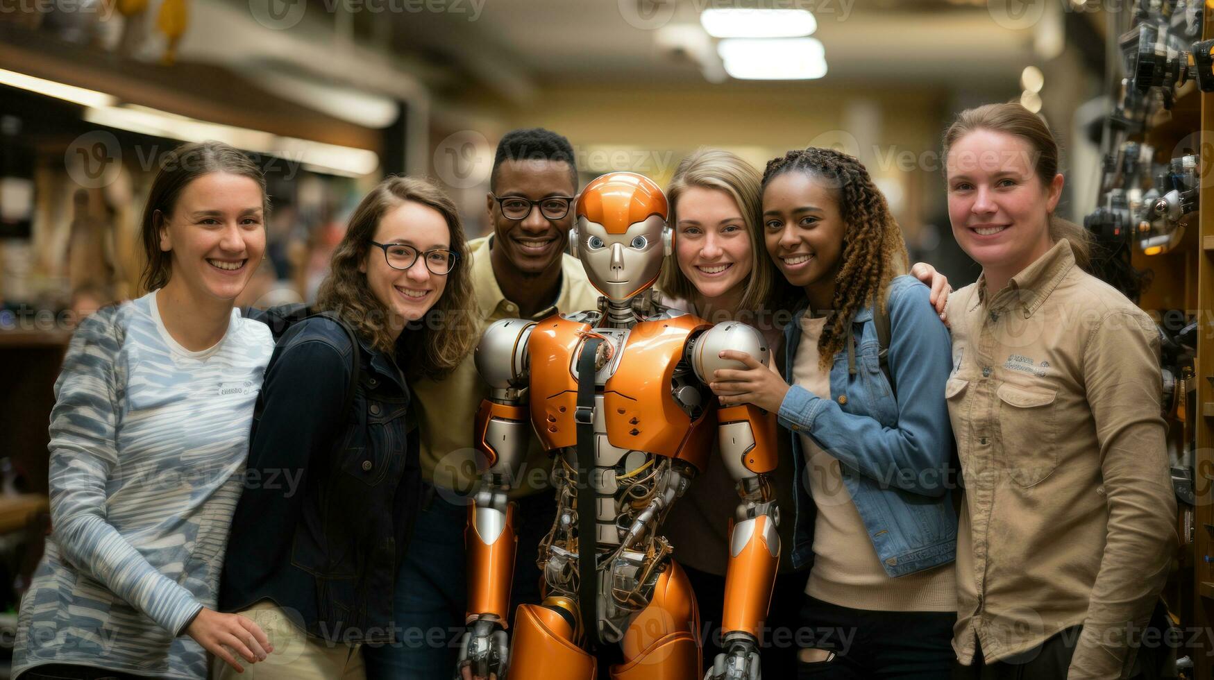 AI generated Group of happy young students people looking at robot in a workshop at school. photo