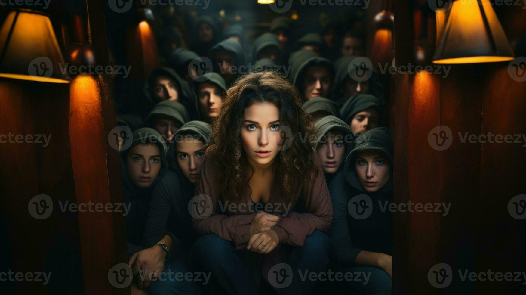 AI generated Group of people in a dark room with hooded sweatshirts. photo