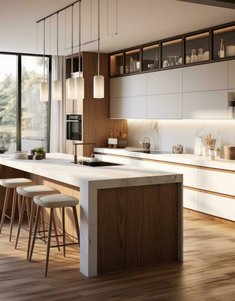 AI generated a modern kitchen with walnut and wooden cabinetry photo