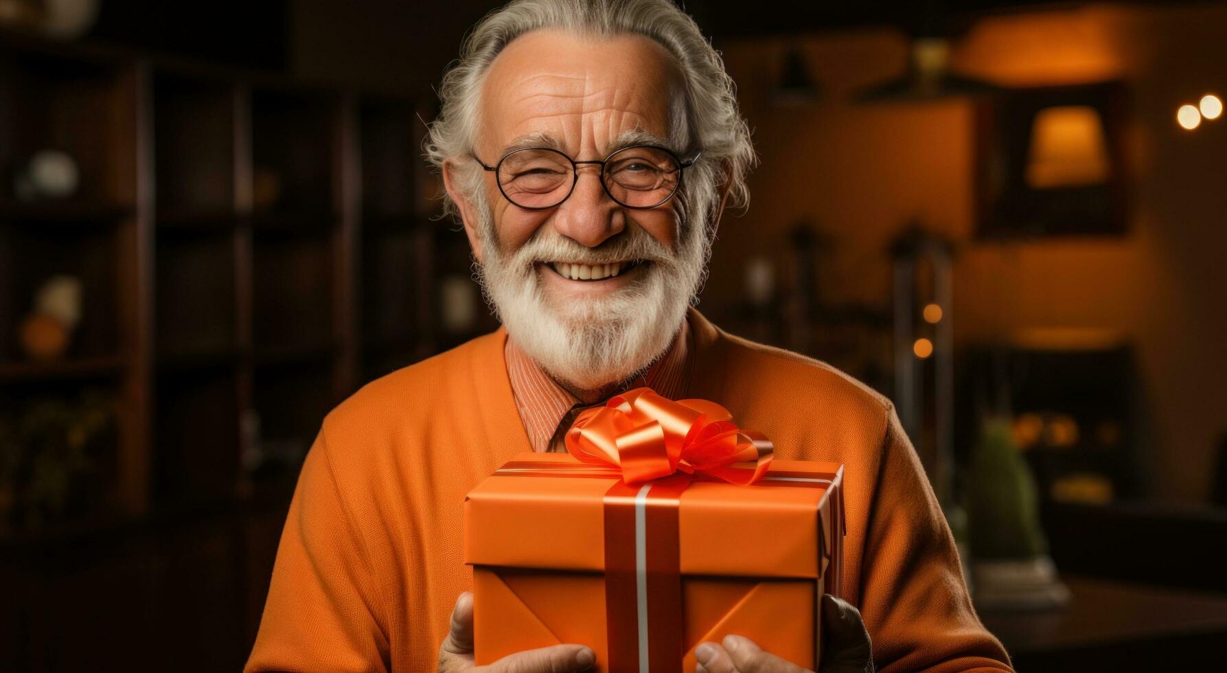 AI generated an aged gentleman is holding a box of a gift photo