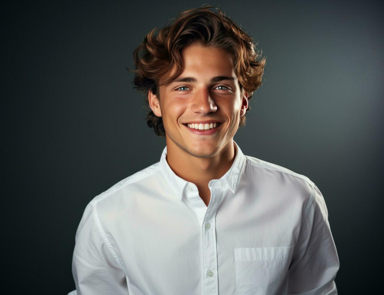 ai generado sonriente retrato de un hombre vestido en blanco camisa foto