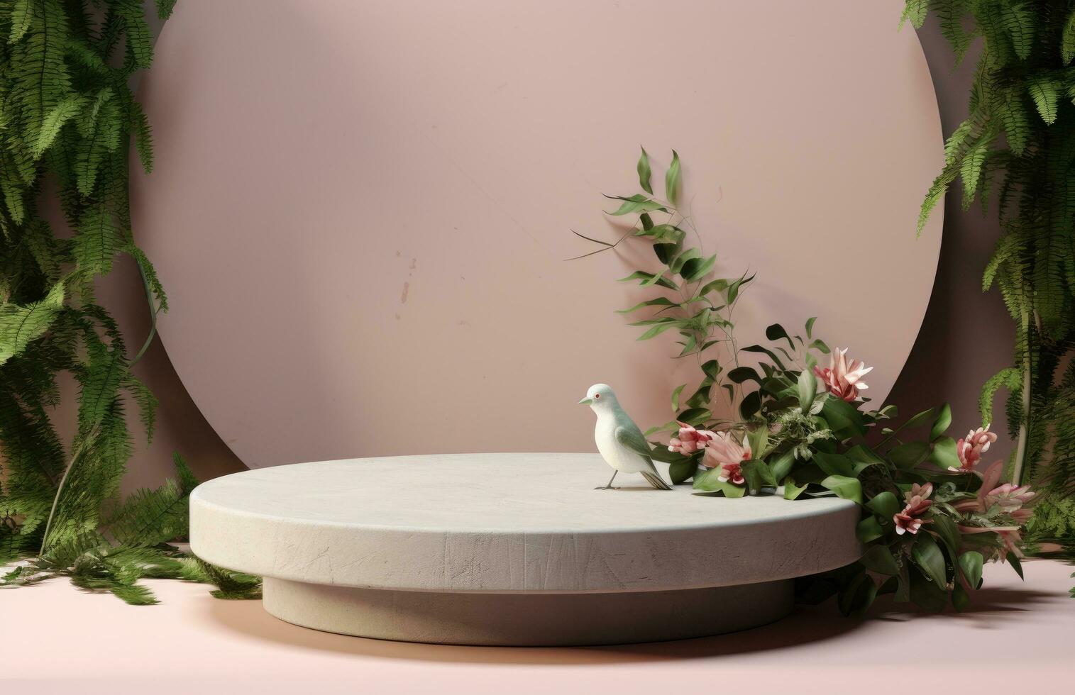 AI generated a gray round pedestal with green foliage near a green table, photo