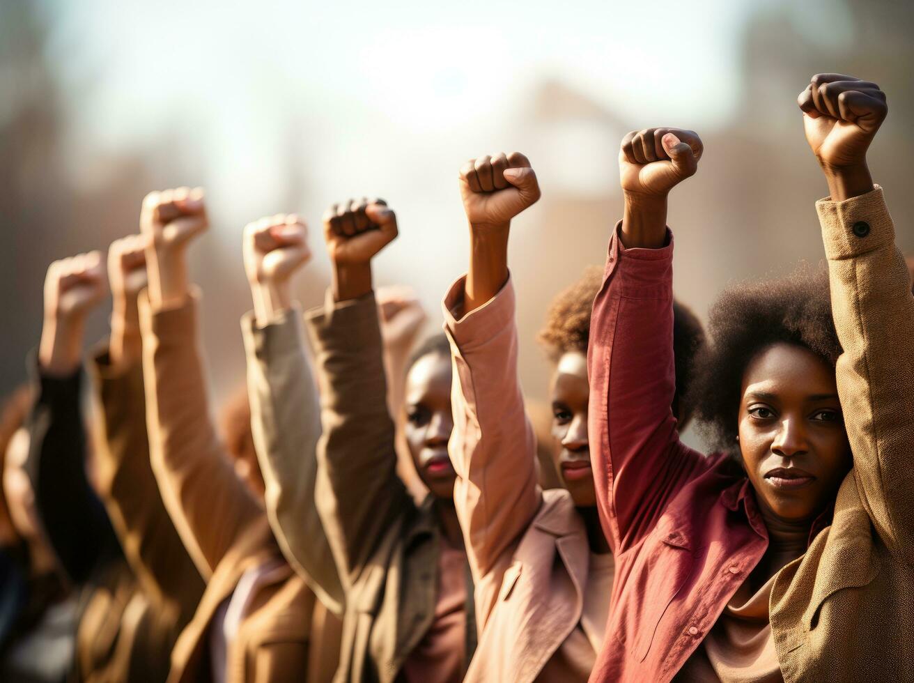 AI generated a group of people holding up their fists in different directions photo