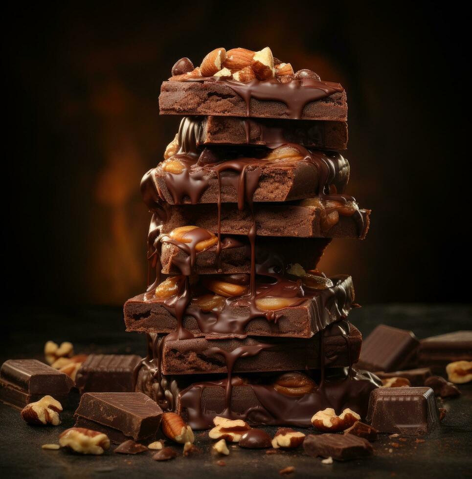 AI generated a stack of chocolate bars with nuts on top photo