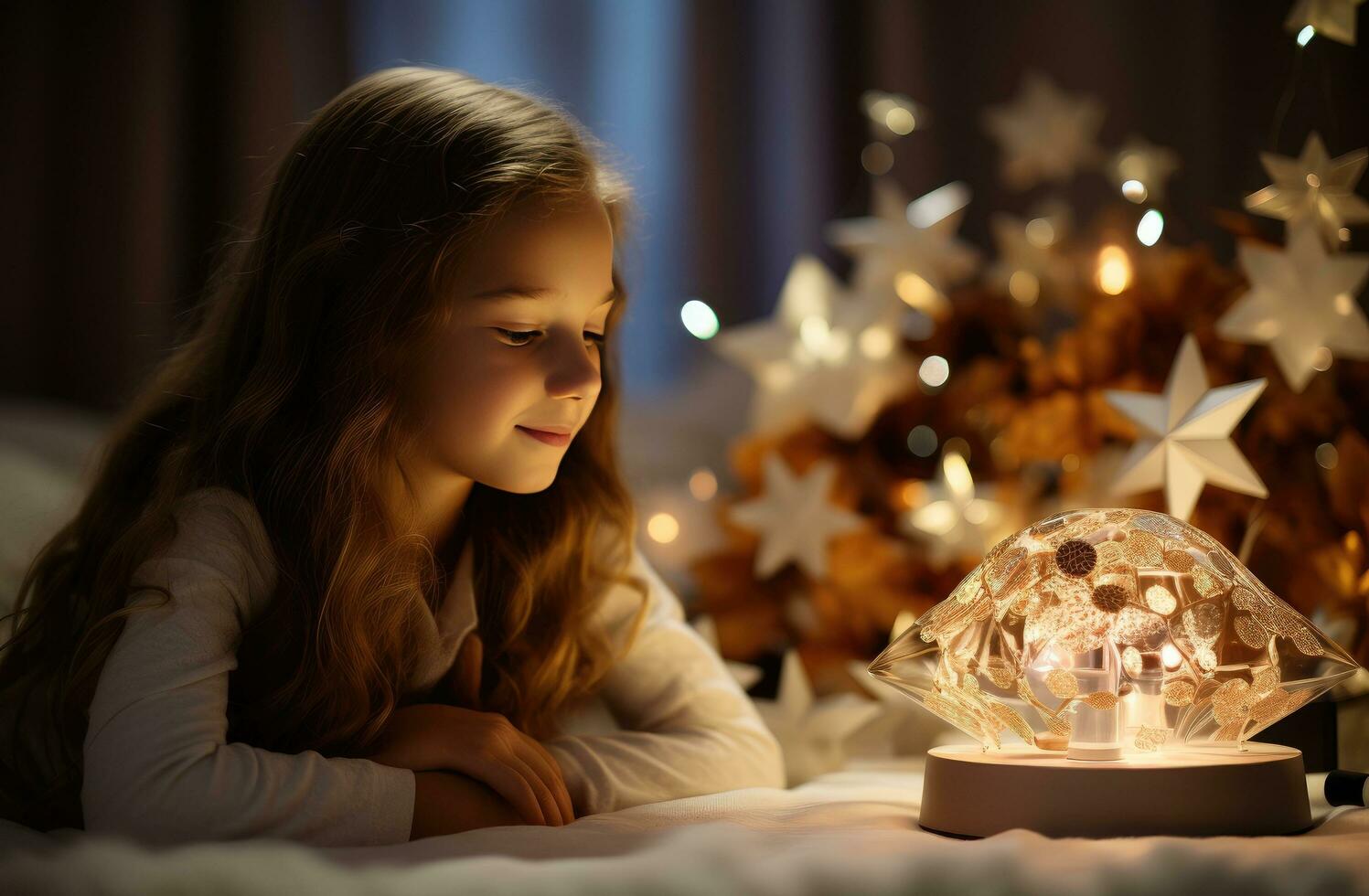 AI generated a little girl asleep in bed with a star projector star photo