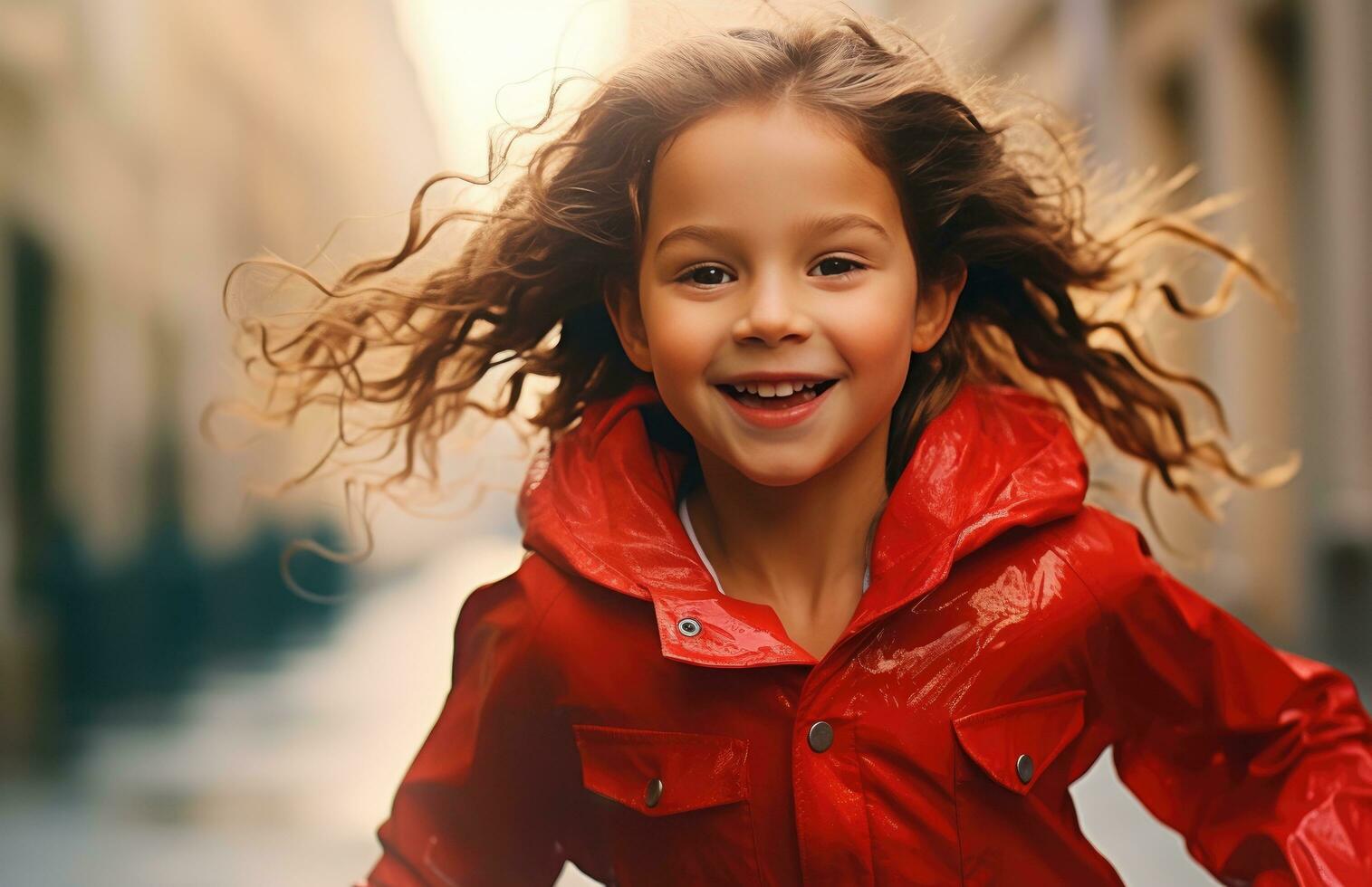 ai generado un pequeño niña corriendo en un rojo impermeable salpicaduras agua foto