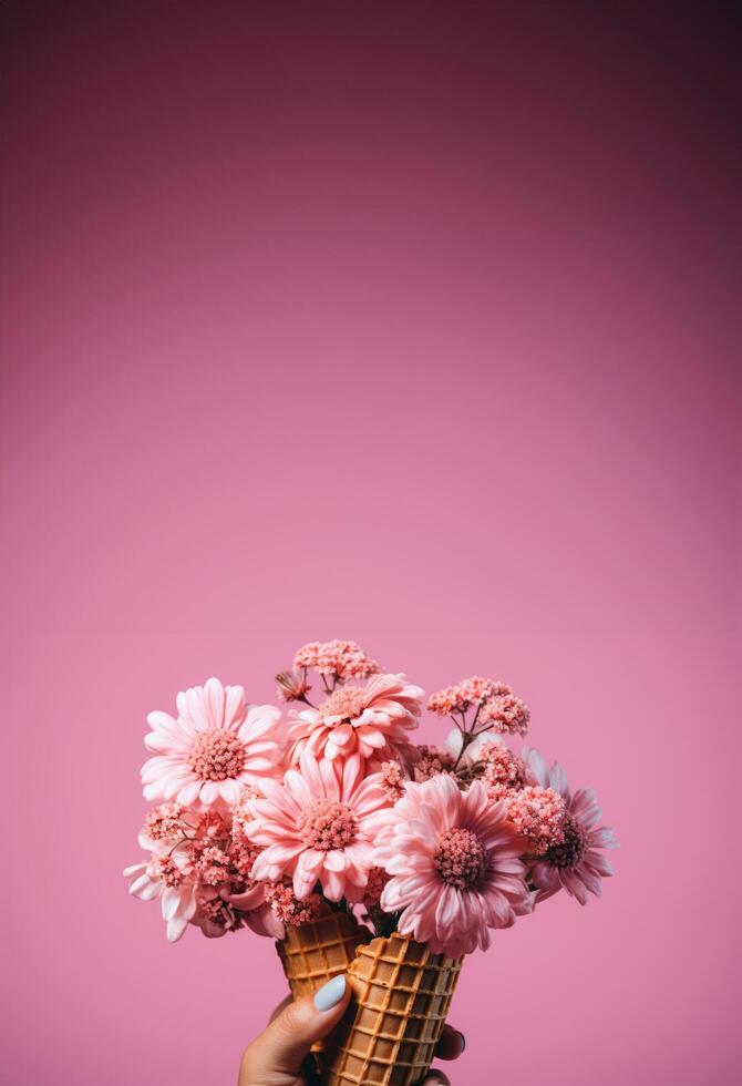 AI generated a hand holds a pink ice cream cone in front of a pink flower photo