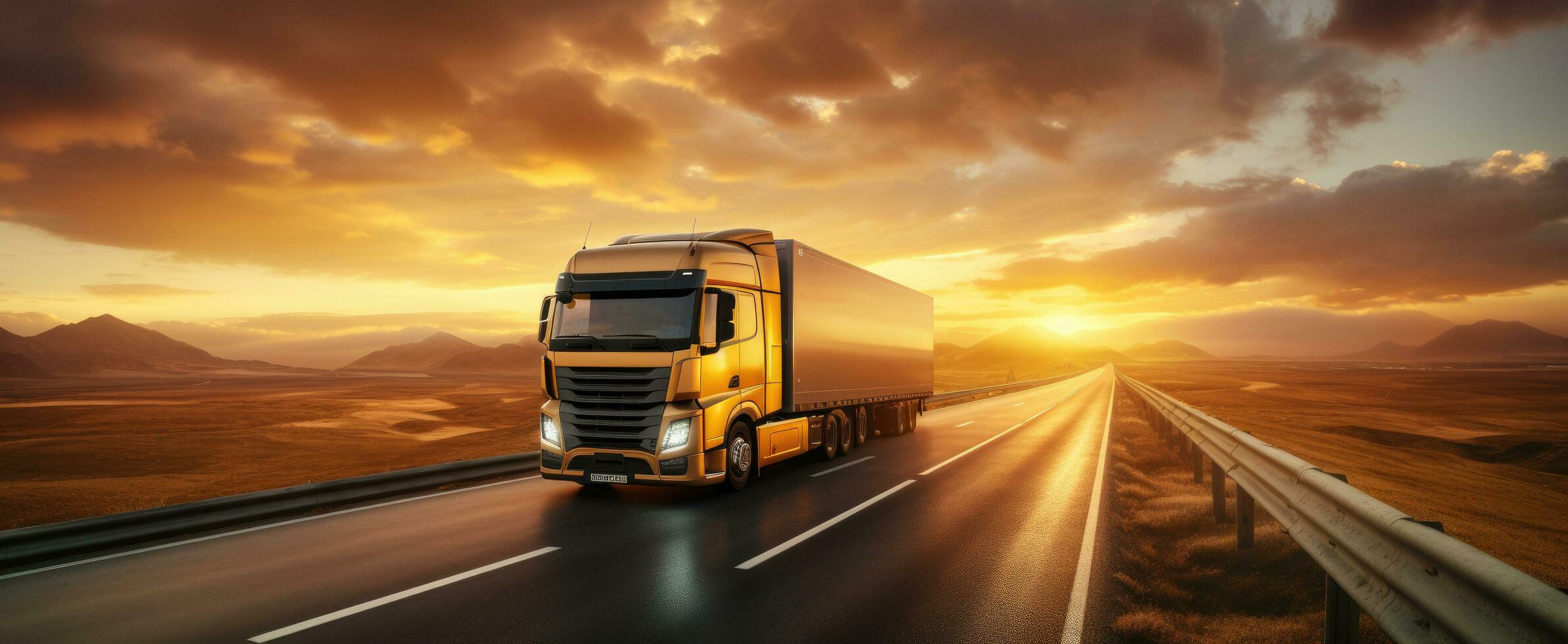 AI generated a semi truck driving down a highway at sunset photo