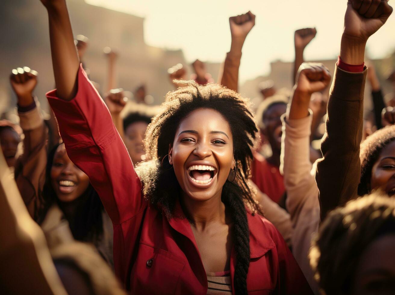 AI generated a group of people holding up their fists in different directions photo