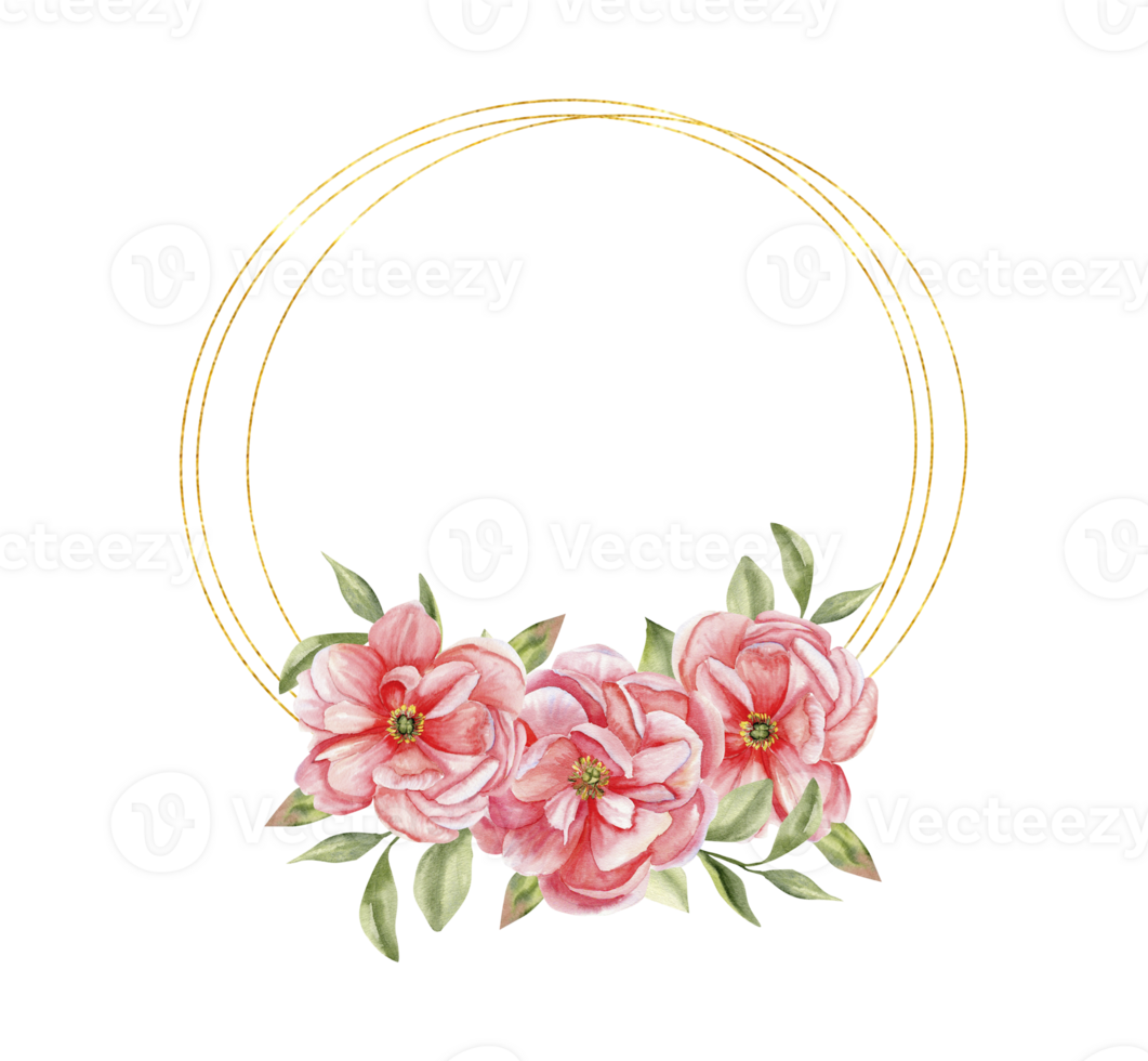 waterverf bloemen roze pioen kader. hand- getrokken delicaat zomer bloemen in gouden cirkels voor uitnodiging, bruiloft, groet kaart ontwerp. klem kunst voor bloemen winkel ontwerp png