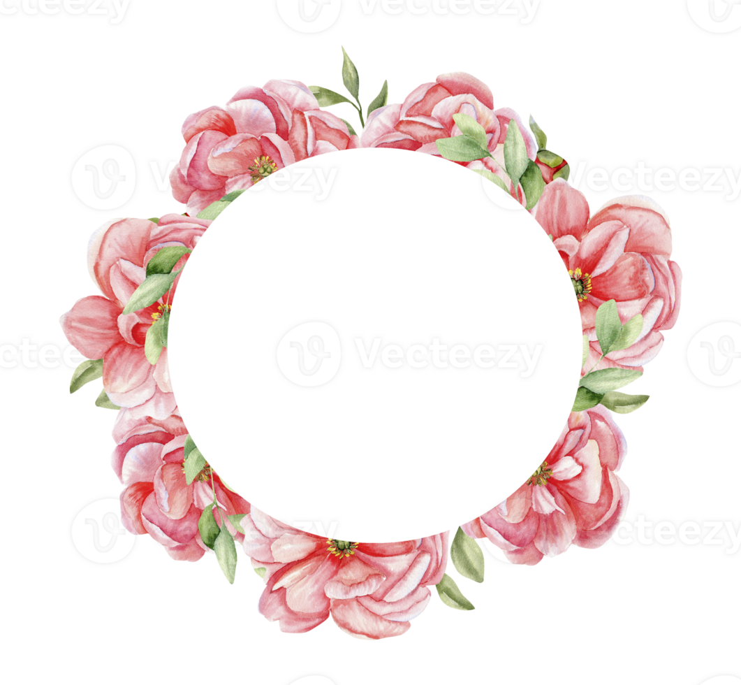 Watercolor pink floral round frame. Hand drawn pale pink peony in circle with green leaves. Botanical arrangement for wedding, card, invitation design. Clip art for label, logo design png