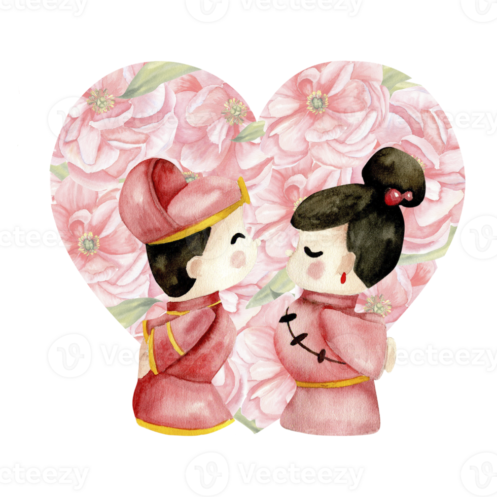 vattenfärg valentines illustration. kinesiska, koreanska brud och brudgum leksaker i röd klänningar med blommig pion hjärta form bakgrund. älskande par arrangemang för kort, bröllop, inbjudan design png