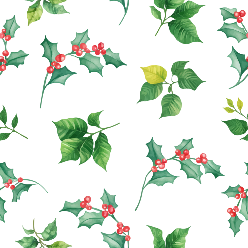 Watercolor christmas holly branches seamless pattern png