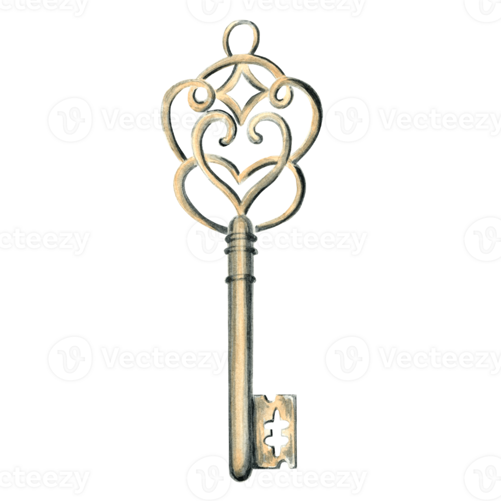 Watercolor old vintage key. Template background illustration of antique metal objects. Hand drawn isolated illustration for invitation and card, printing on packaging and textiles, making stickers png
