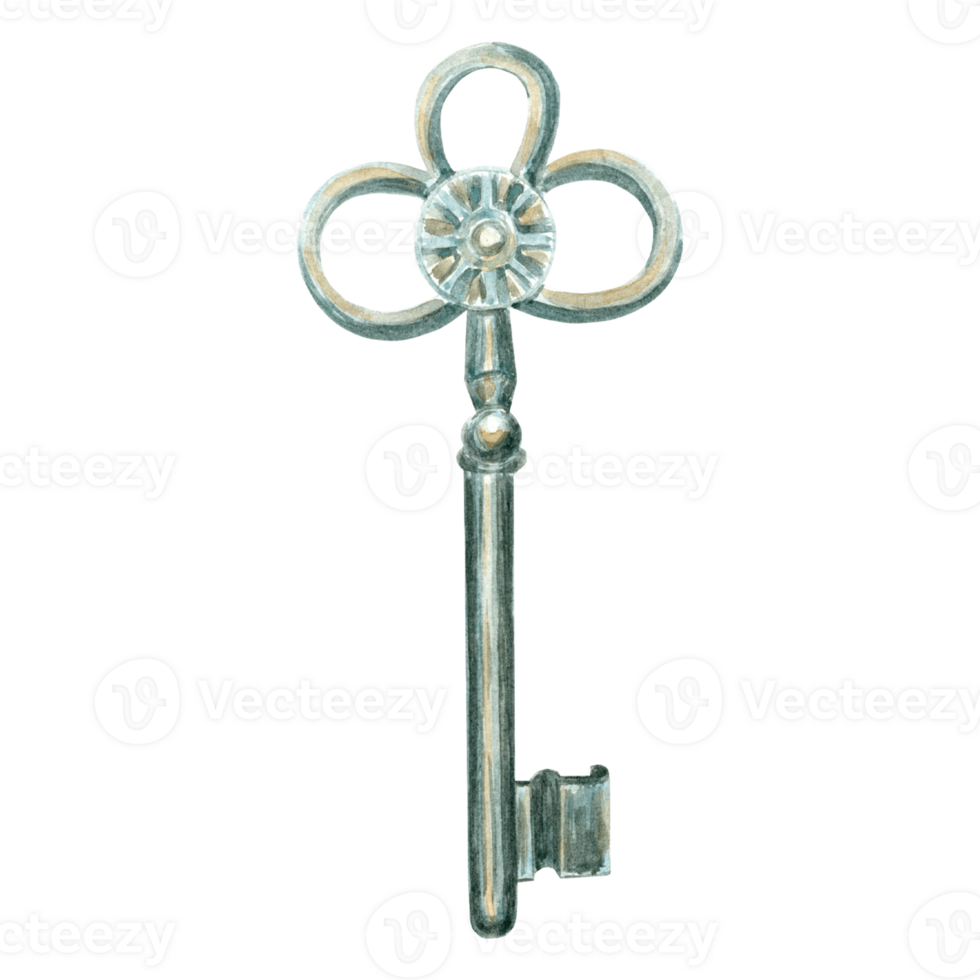 Watercolor old vintage key. Template background illustration of antique metal objects. Hand drawn isolated illustration for invitation and card, printing on packaging and textiles, making stickers png