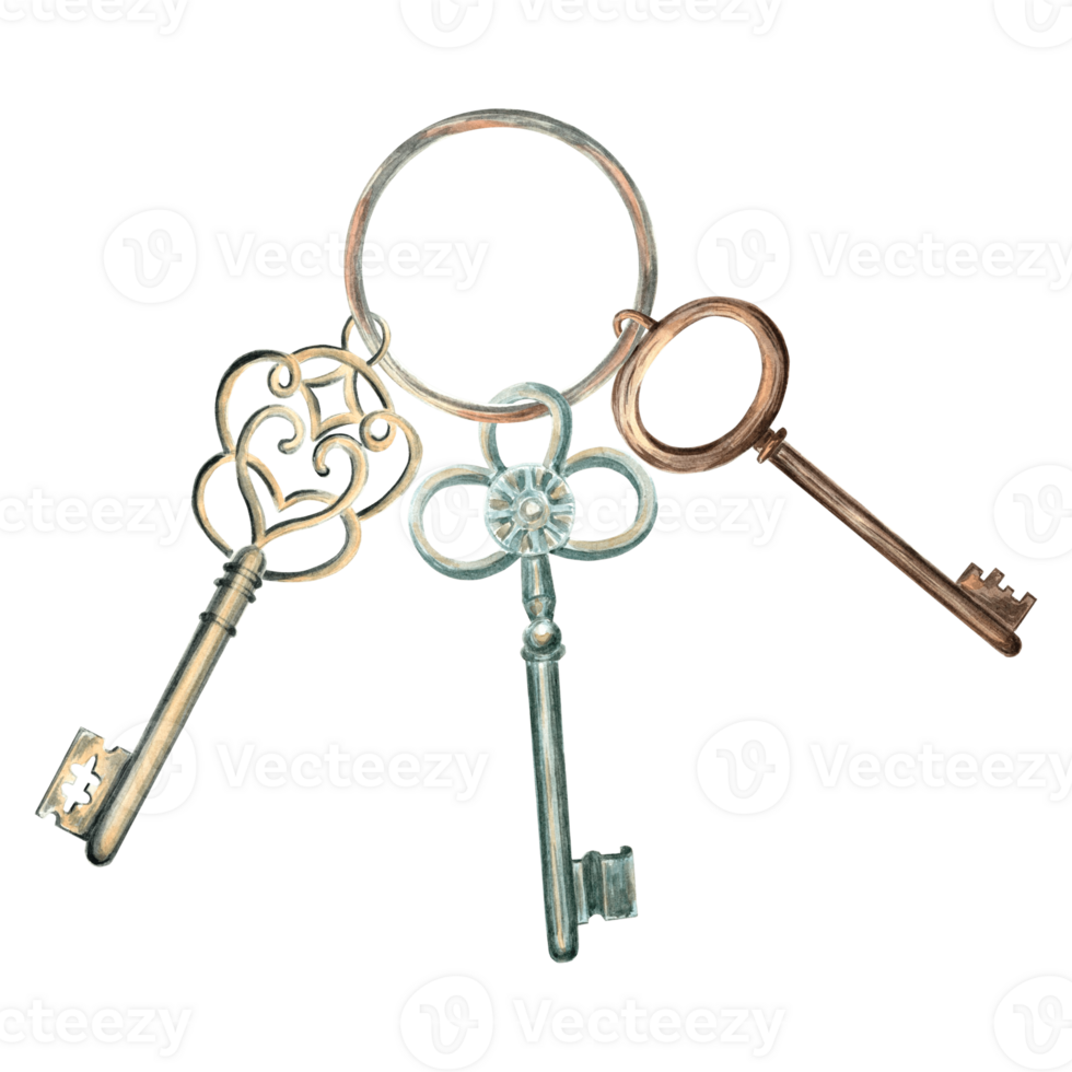 Watercolor bunch of old vintage keys. Template background illustration of antique metal objects. Hand drawn isolated illustration for invitation and card, printing on packaging and textiles, stickers png