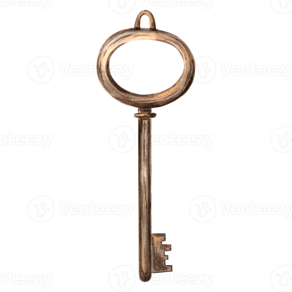 Watercolor old vintage key. Template background illustration of antique metal objects. Hand drawn isolated illustration for invitation and card, printing on packaging and textiles, making stickers png