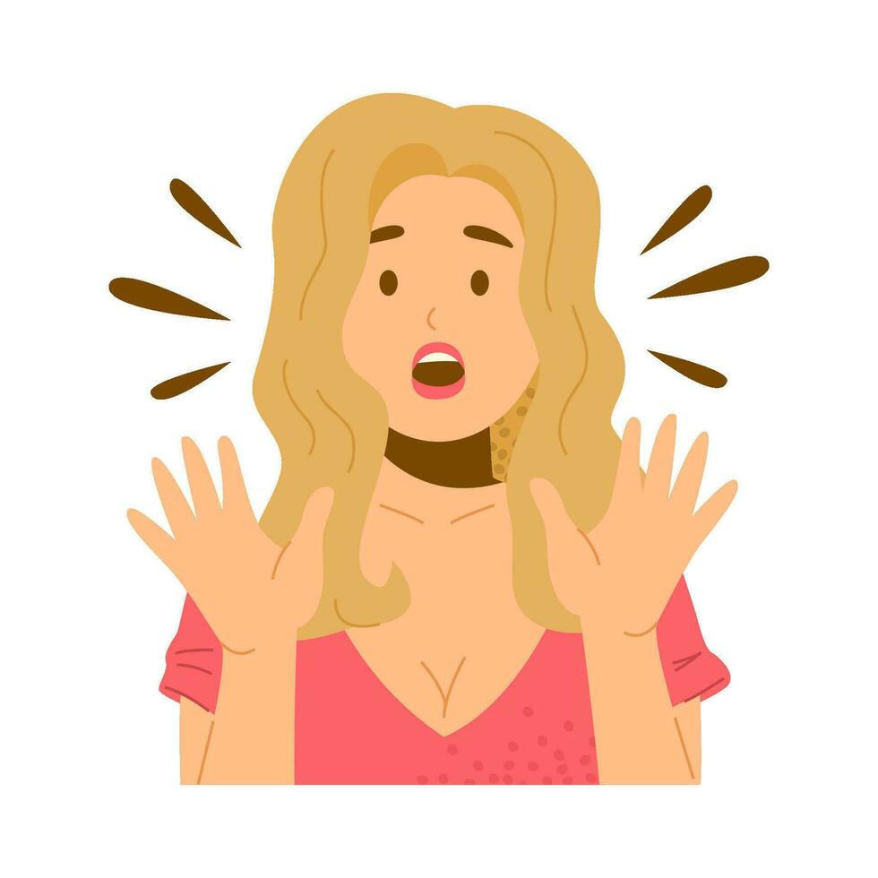 Young blonde woman screams in fright, flat vector. vector