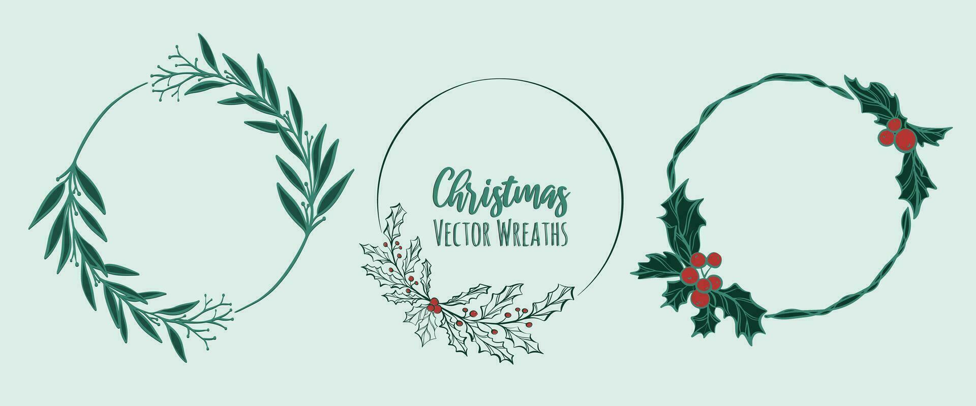 Set of christmas wreath with leaves, berries, poinsettia and branch twigs. Vector illustration. Modern design for Holidays invitation card, poster, banner, greeting card, postcard, packaging, print.