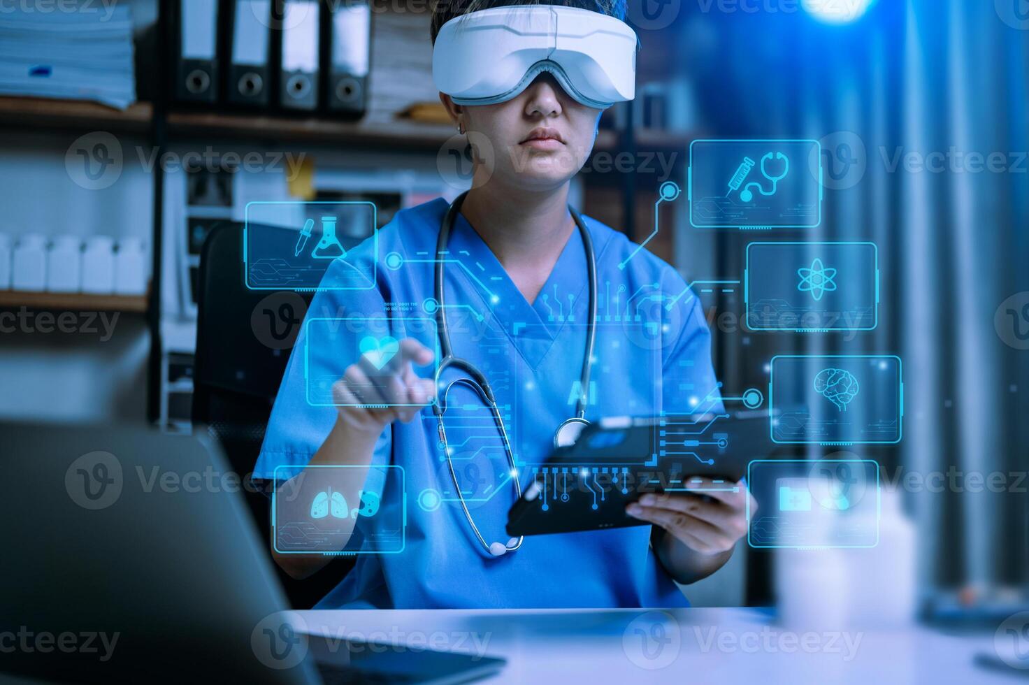 Medical technology, doctor use AI robots for diagnosis and increasing accuracy patient treatment in future. doctor hand working with tablet, computer with his Medical research photo