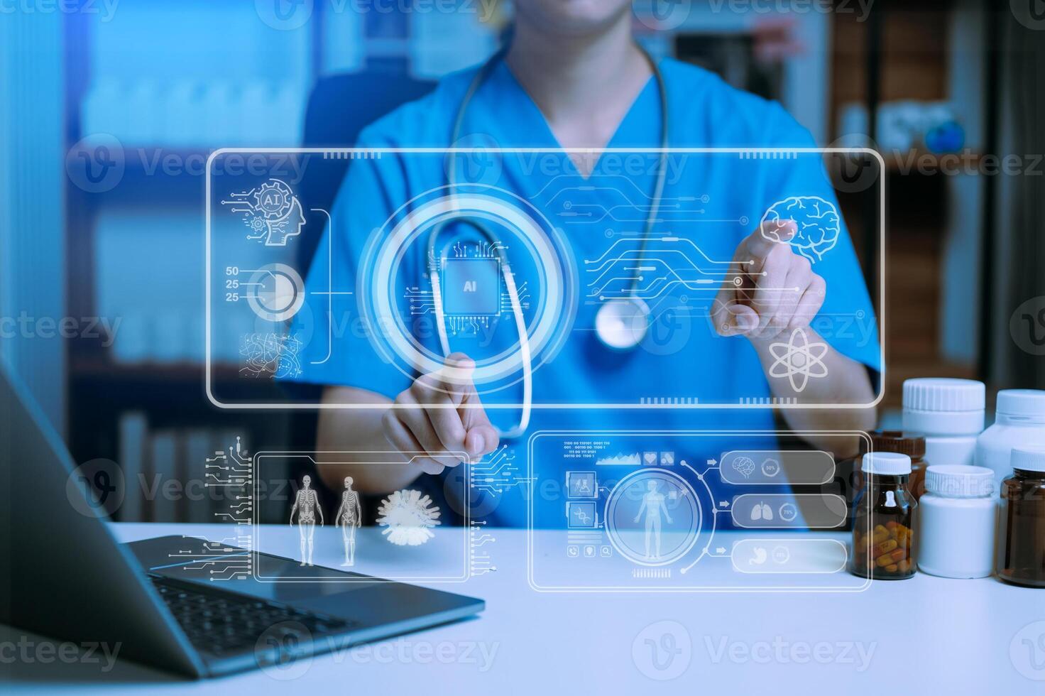 Medical technology, doctor use AI robots for diagnosis and increasing accuracy patient treatment in future. doctor hand working with tablet, computer with his Medical research photo