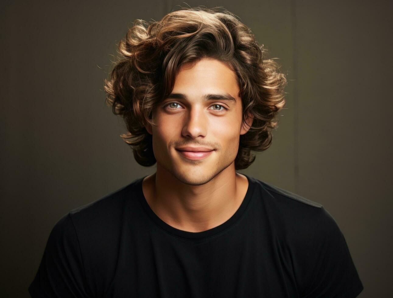 AI generated a young male with curly hair smiling and frowning photo