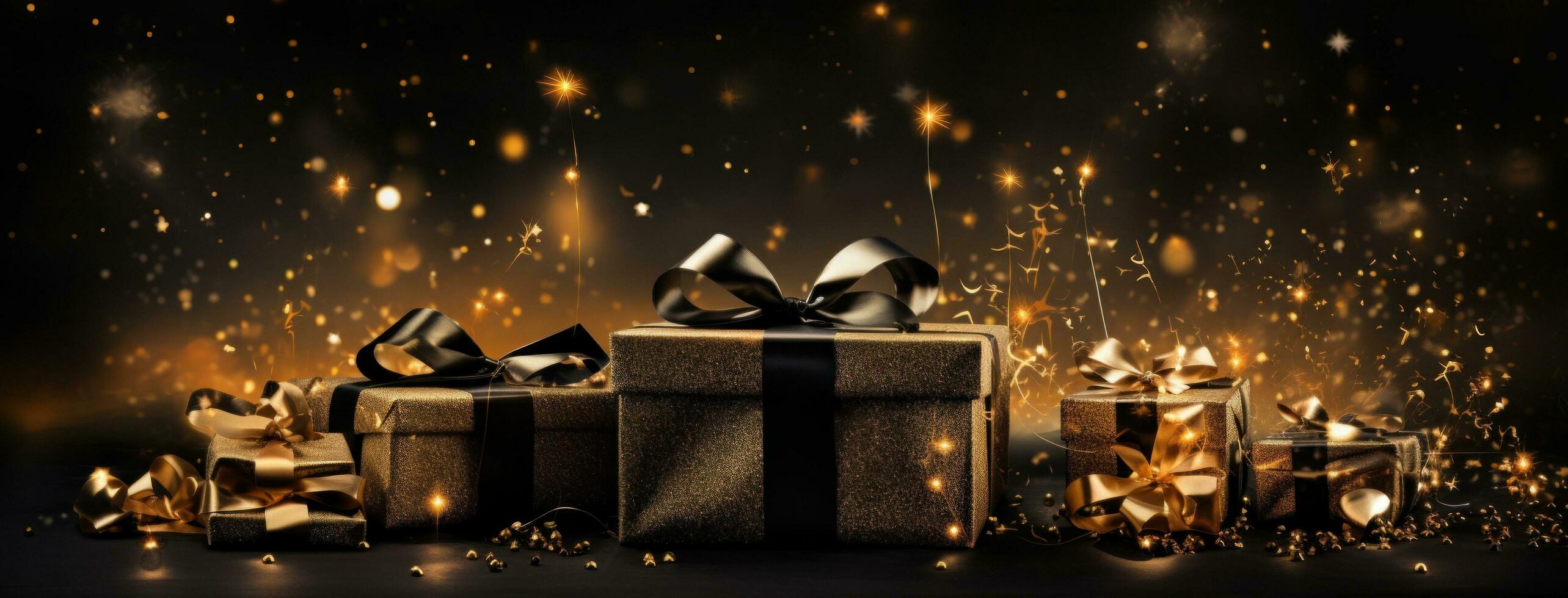 AI generated black background with golden gifts and sparks photo