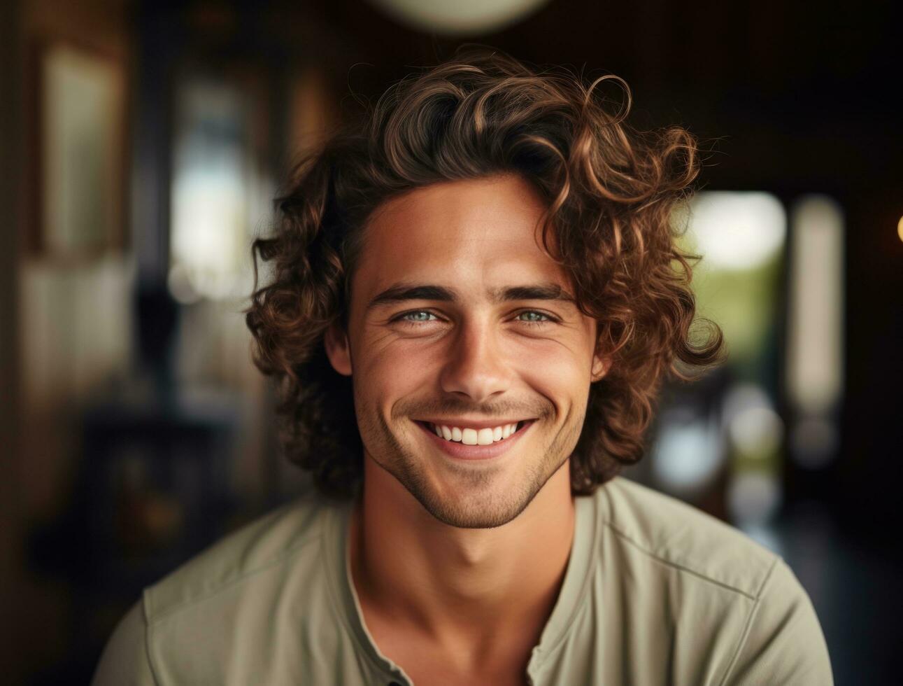 AI generated a young male with curly hair smiling and frowning photo