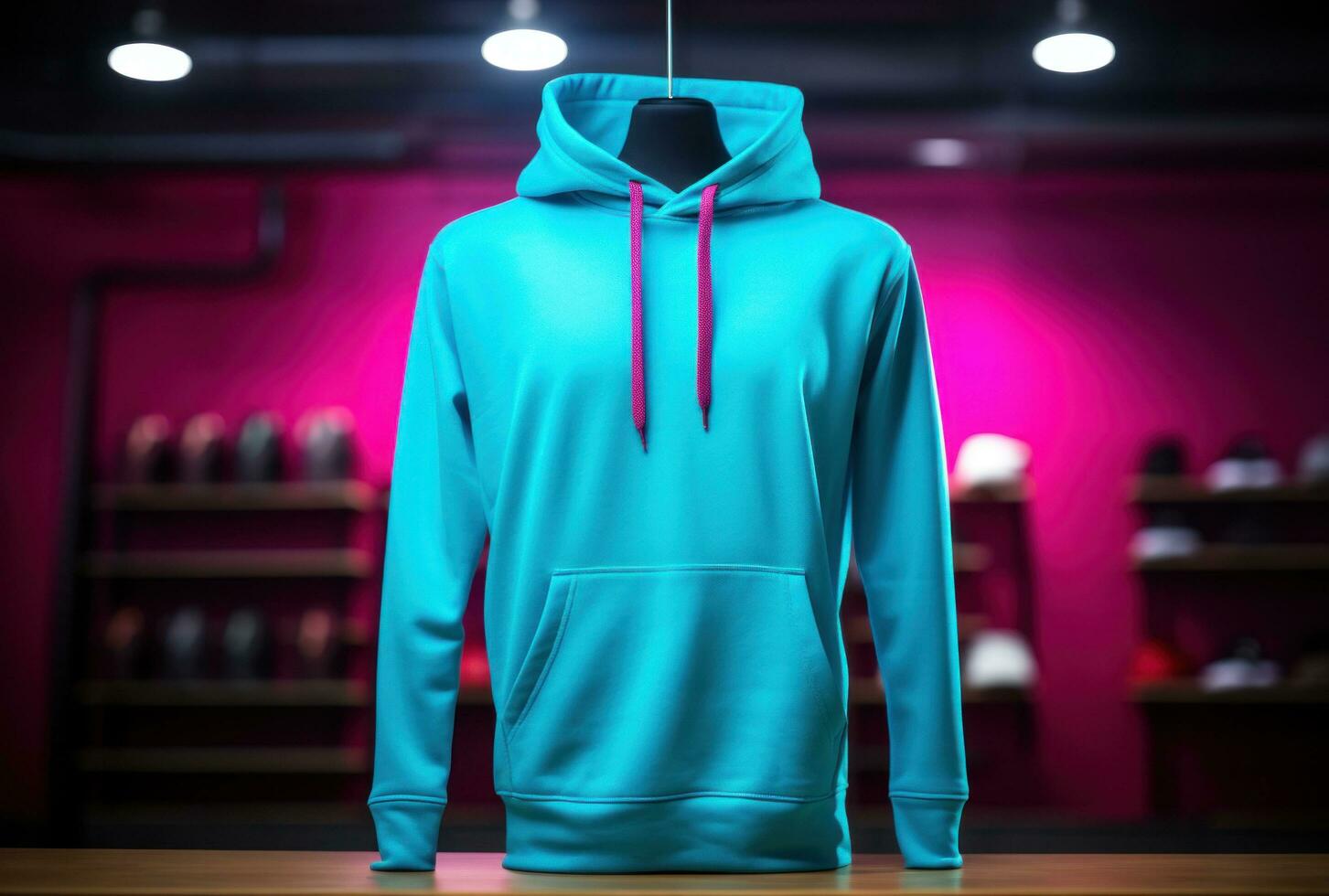 AI generated black hooded sweatshirt hanging from a display in front of a neon photo