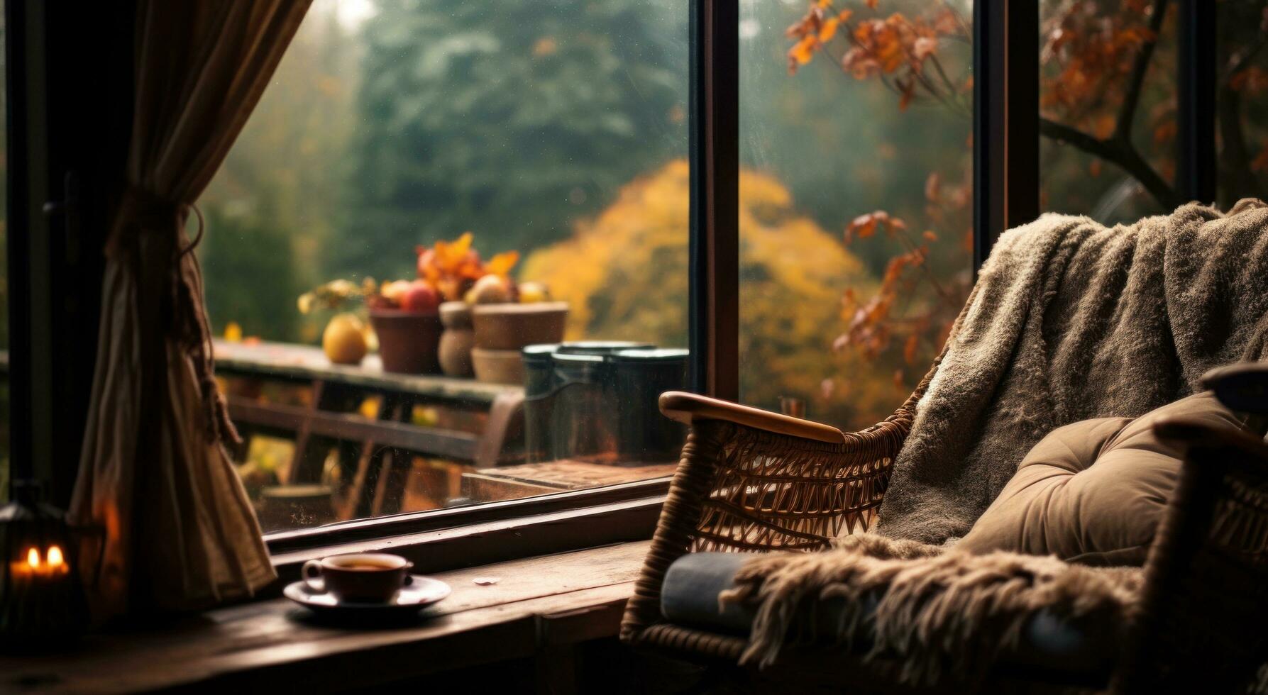 AI generated autumn and winter sitting in the window photo