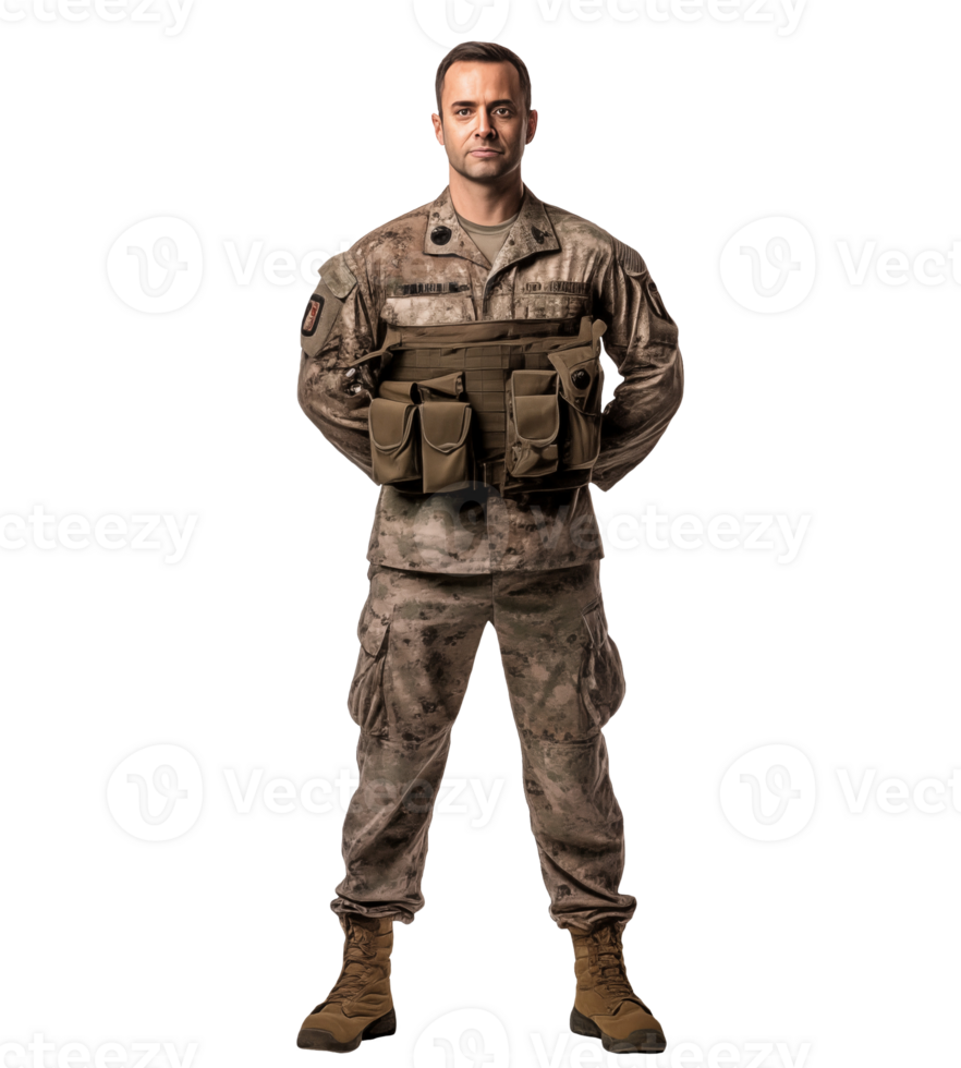 AI generated Military man at the desk. Army veteran. War. Ai generated. Hyper realistic colorful PNG Illustration isolated.