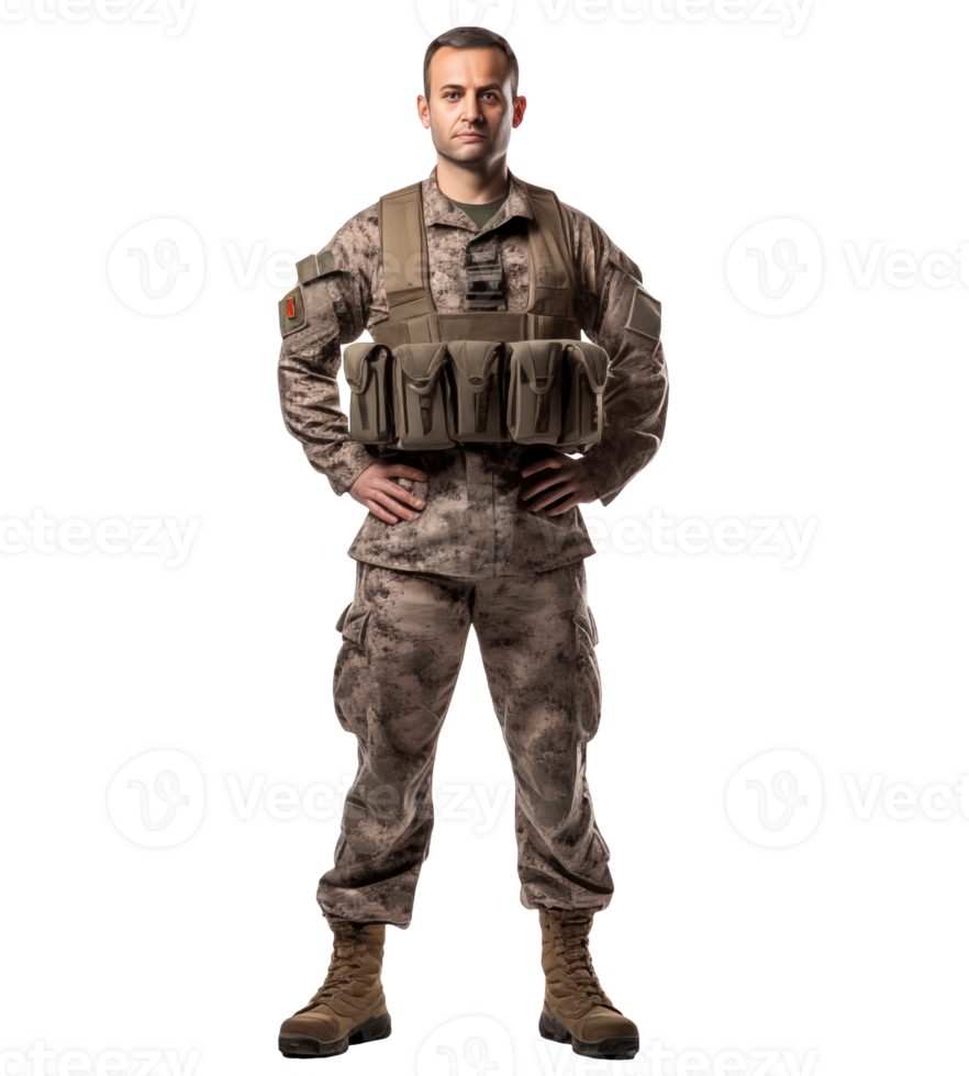 AI generated Military man at the desk. Army veteran. War. Ai generated. Hyper realistic colorful PNG Illustration isolated.