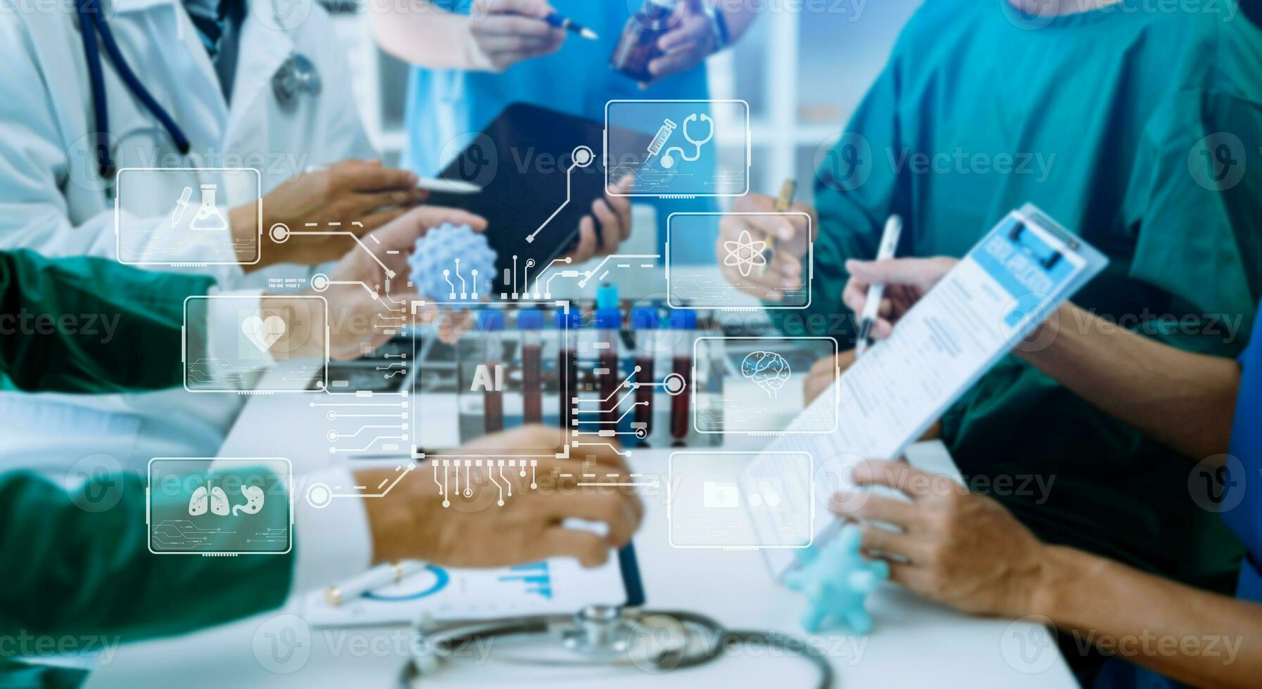 Medical technology, doctor use AI robots for diagnosis and increasing accuracy patient treatment in future. doctor hand working with tablet, computer with his team Medical research photo