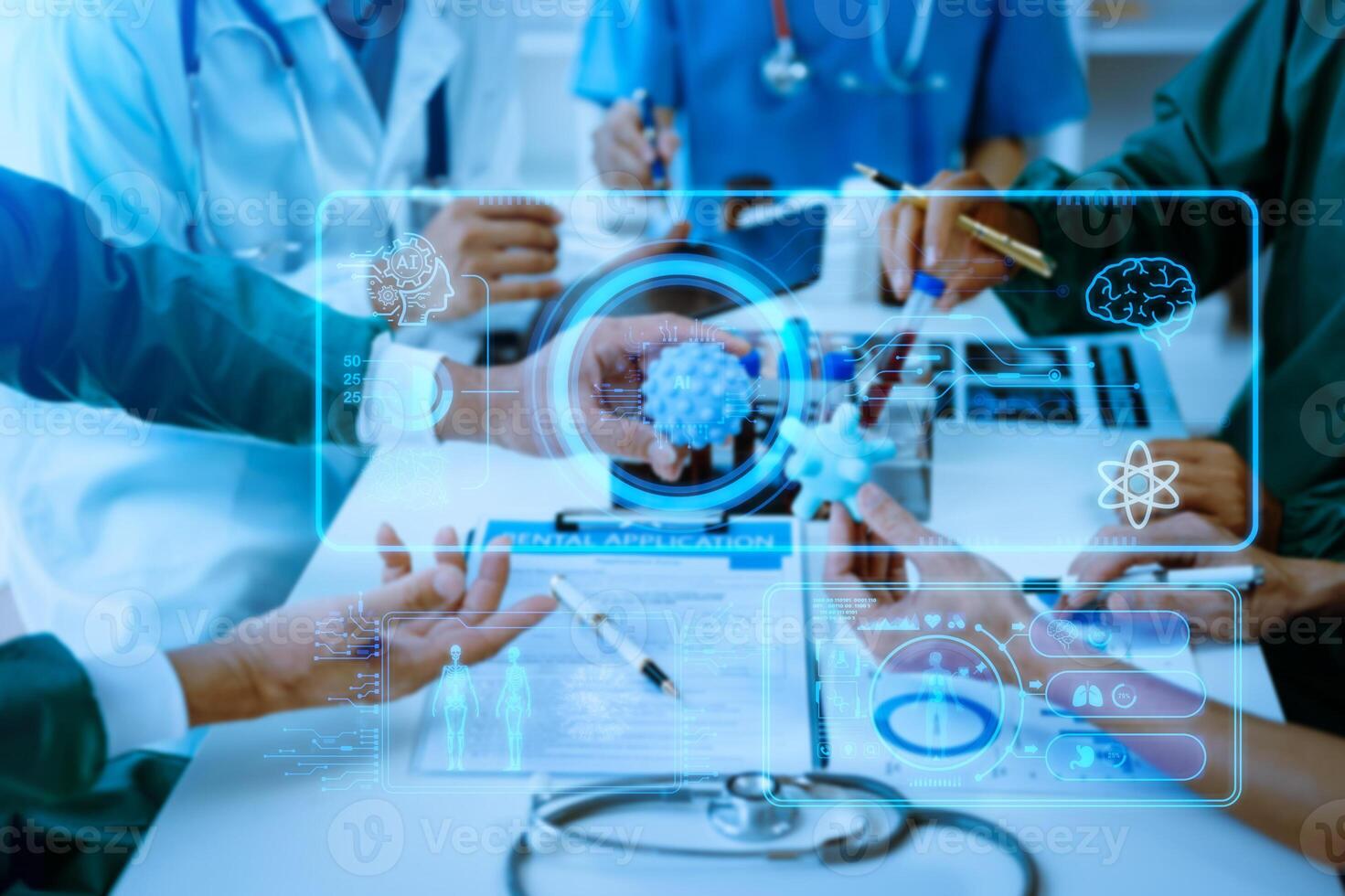 Medical technology, doctor use AI robots for diagnosis and increasing accuracy patient treatment in future. doctor hand working with tablet, computer with his team Medical research photo