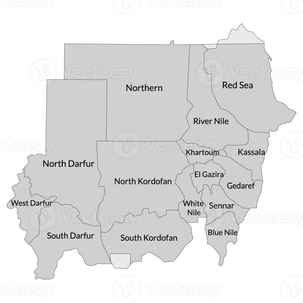 Sudan map. Map of Sudan in administrative states in grey color png