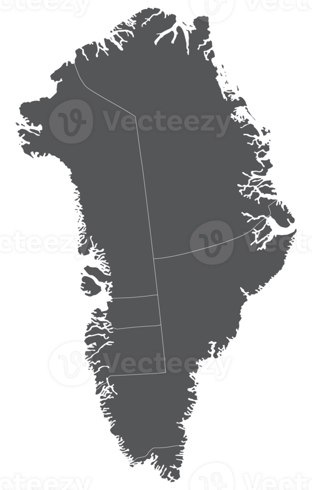 Greenland map. Map of Greenland divided into five regions in grey color png