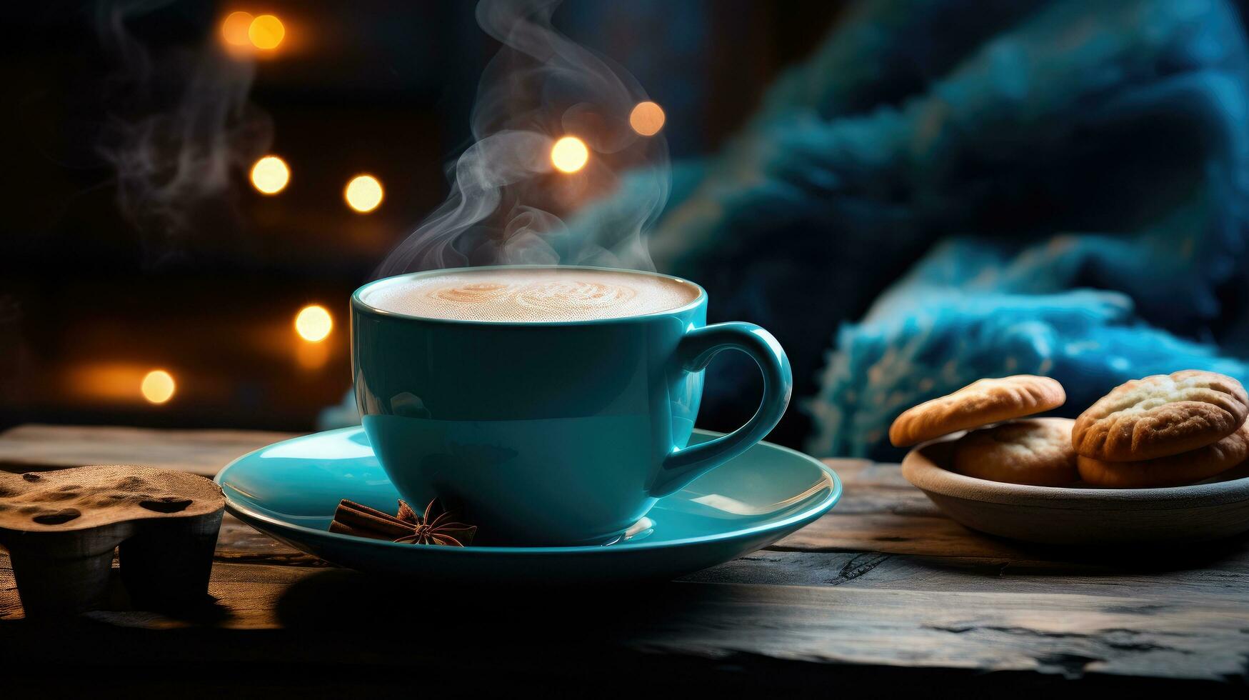 AI generated a cup of latte by a fireplace with cookies photo