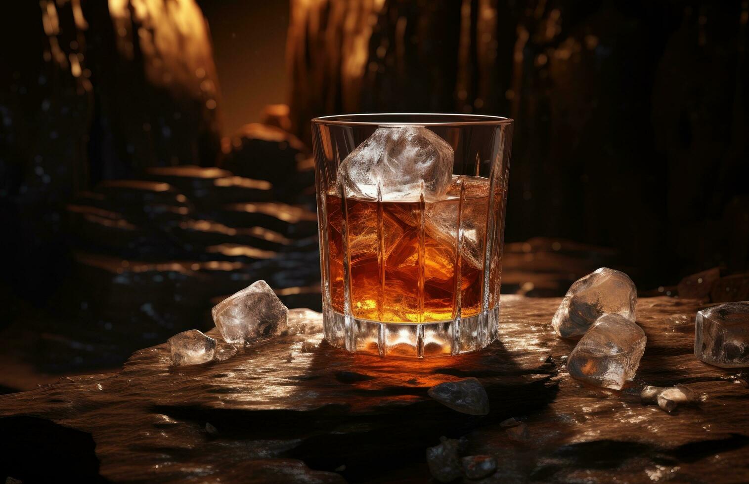 AI generated a glass of a whisky sitting inside of a dark scene photo
