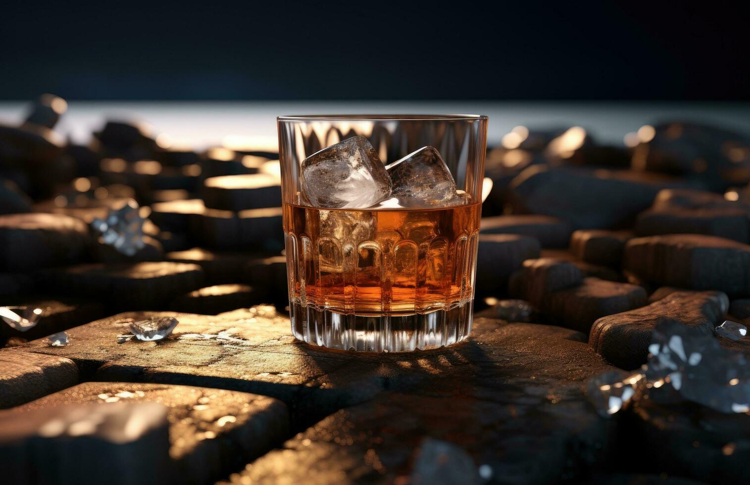 AI generated a glass of a whisky sitting inside of a dark scene photo