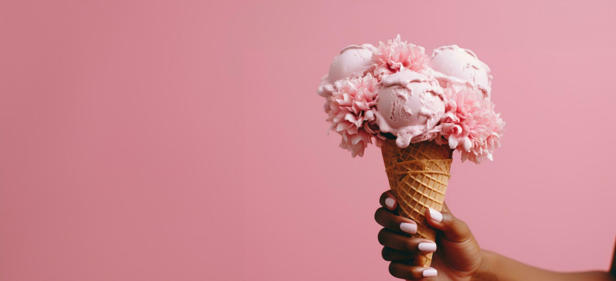 ai generado un mano sostiene un rosado hielo crema cono en frente de un rosado flor foto